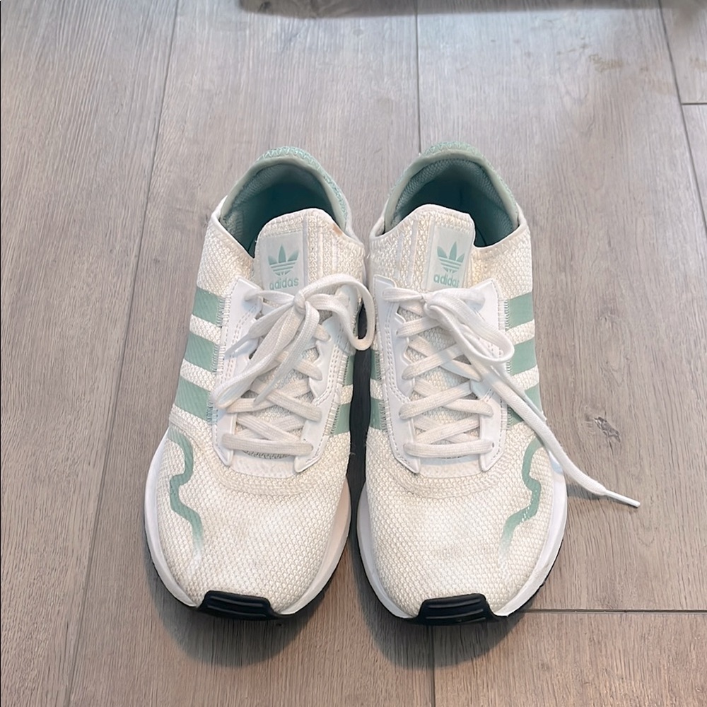 Adidas White and Light Green Running Shoes - little dirt but a lotta life left